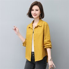 时尚休闲气质宽松棉麻衬衣女长袖百搭显瘦上衣新款韩版简约外套，女装衬衫，依恋蒂丝