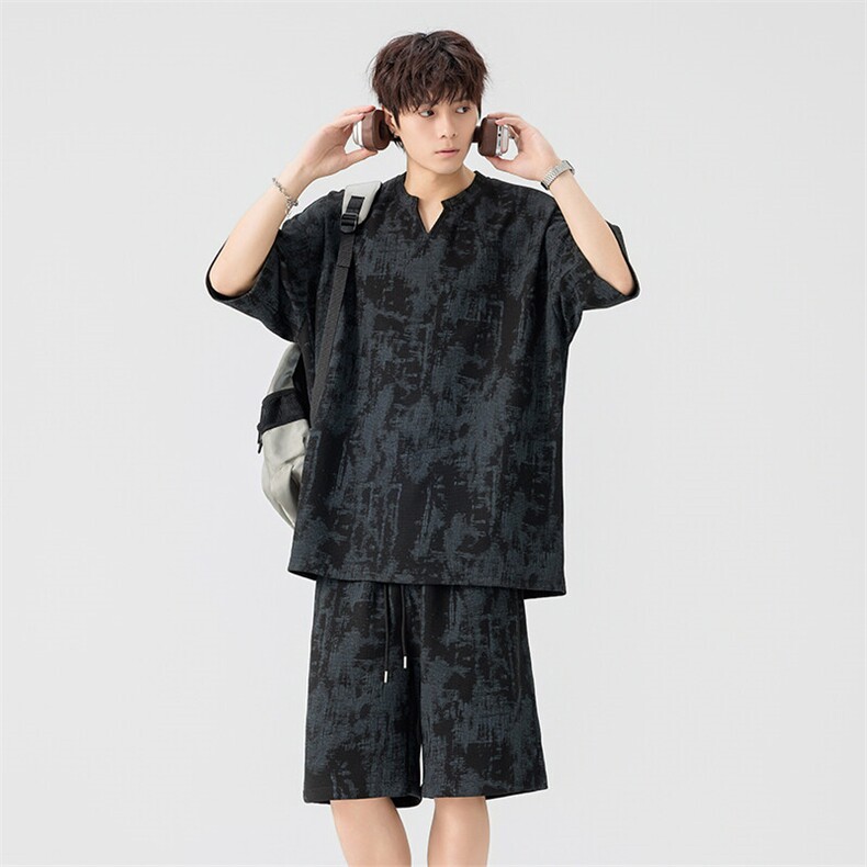 特批P40无差价夏季华夫格扎染V领复古短袖短裤套装大码男TZ5369，男装休闲套装，电商A001-1