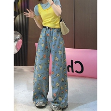 AK2320-P50美式潮流直筒牛仔裤夏季新款显瘦满印碎花阔腿裤，女装休闲裤，星座617A-2