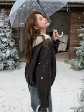 韩版针织连帽假两件短款羽绒服女2025冬装保暖皮衣夹克外套上衣潮，女装皮衣，艾米莉亚