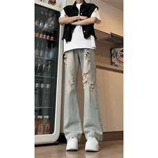 美式复古破洞牛仔裤男痞帅设计感高街vibe直筒微喇裤L61733-P45，男装牛仔裤，星座1008