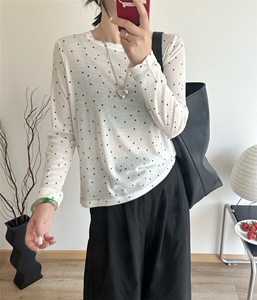 春秋波点精纺羊毛针织长袖T恤女显瘦内搭超薄打底衫微透罩衫上衣图片