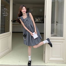高级感灰色飞飞袖娃娃裙女2025夏季新款洋气减龄蝴蝶结设计连衣裙，女装连衣裙，2C110