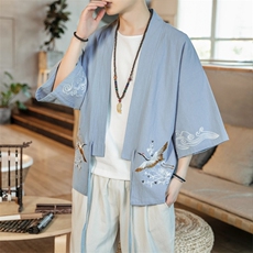 F861P55咖啡厅七分袖仙鹤绣花棉麻潮流宽松风汉服外套，男装T恤，电商A026
