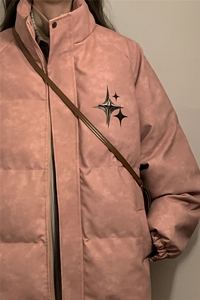 中性风PU皮复古做旧可拆卸四芒星胸针设计棉衣男MY77721P128控168图片