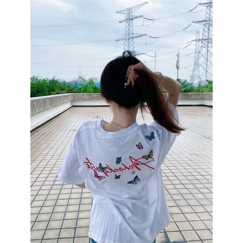 美式高街蝴蝶字母刺绣短袖t恤女夏季宽松高级情侣款潮牌纯棉上衣,男装T恤,四季星座505