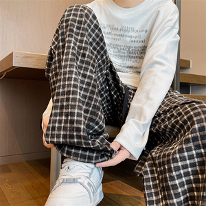 8XL-M送徽章扣!美式复古格子裤宽松垂感阔腿休闲松紧K9104P58控78图片