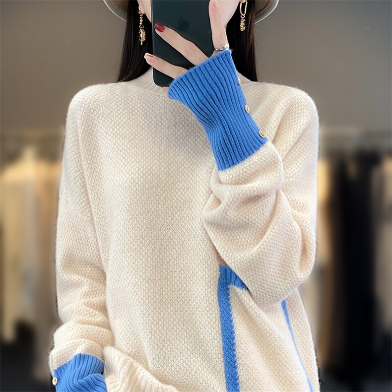 半高领羊毛衫女2024新款秋冬装洋气网红打底衫时尚拼接,女装羊毛衫,蒙特羊绒