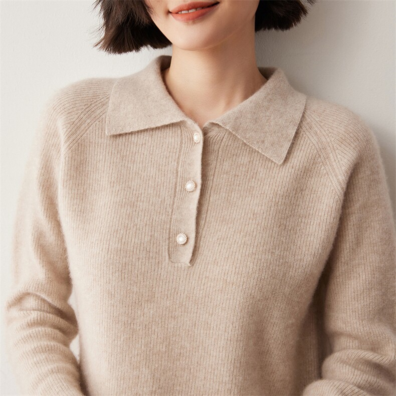 山羊绒衫女士POLO领毛衣秋冬加厚套头半开翻领内搭针织打底衫上衣,女装羊绒衫,蒂暖羊绒