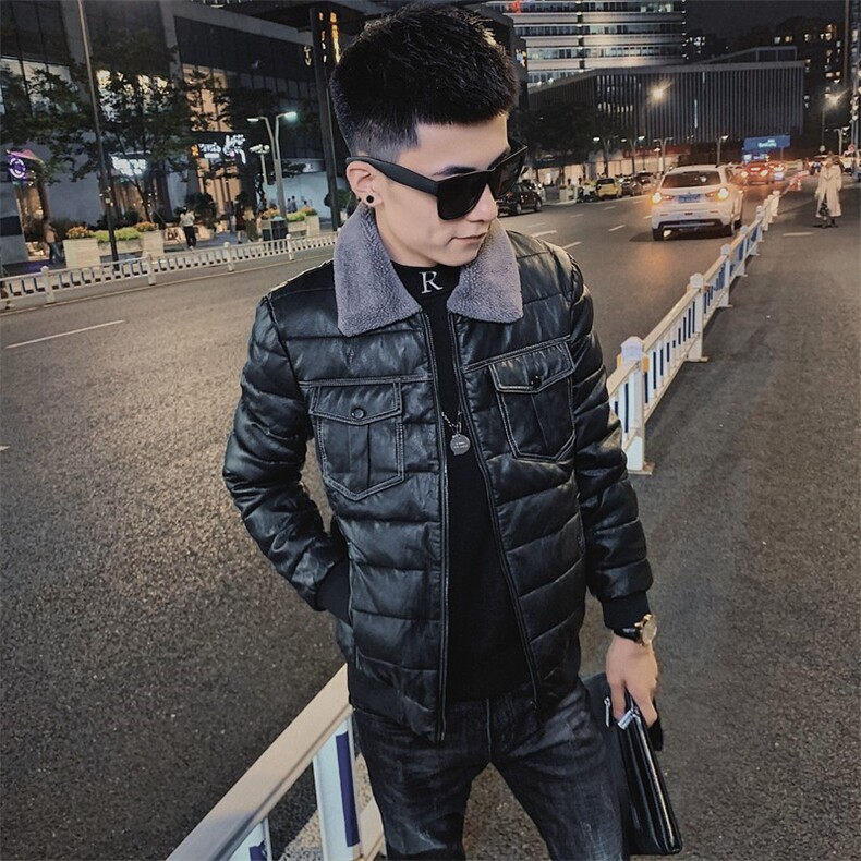 PU皮棉衣羊羔毛领冬季棉服男士社会精神小伙修身C301B-MF04图片