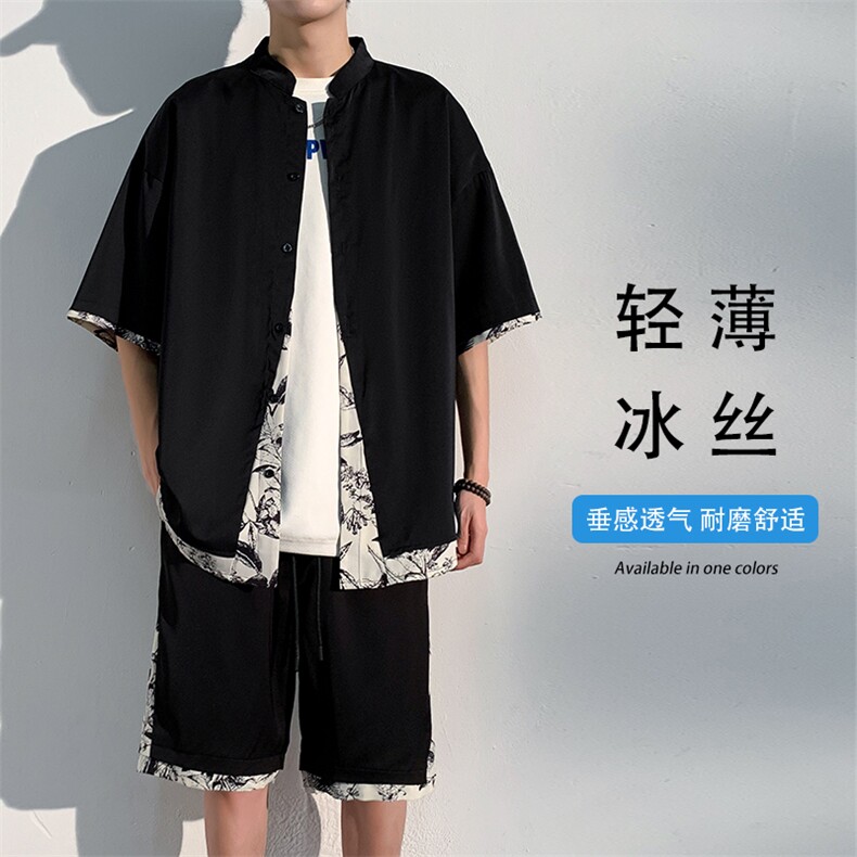 特批P55无差价夏季新中式冰丝拼接水墨画五分套装男CD1910+DK1810图片