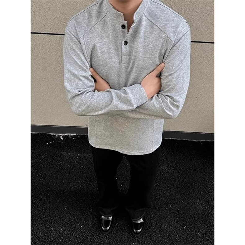 果冻棉美式亨利领卫衣男款秋季高级感正肩长袖t恤boxy内搭打底衫，男装Polo衫，星座506A