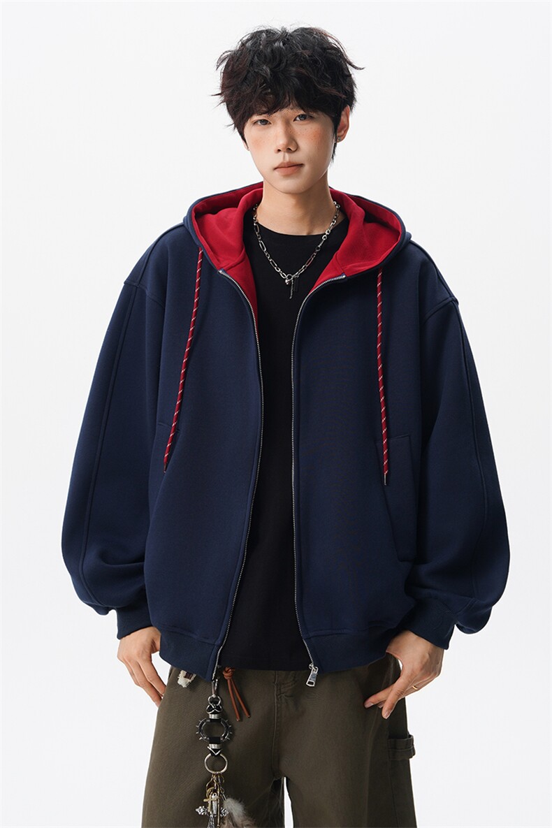 8XL-M秋连帽卫衣男宽松休闲纯色拉链开衫外套拼色帽衫运动WY27P65,女装短外套,电商D206-1