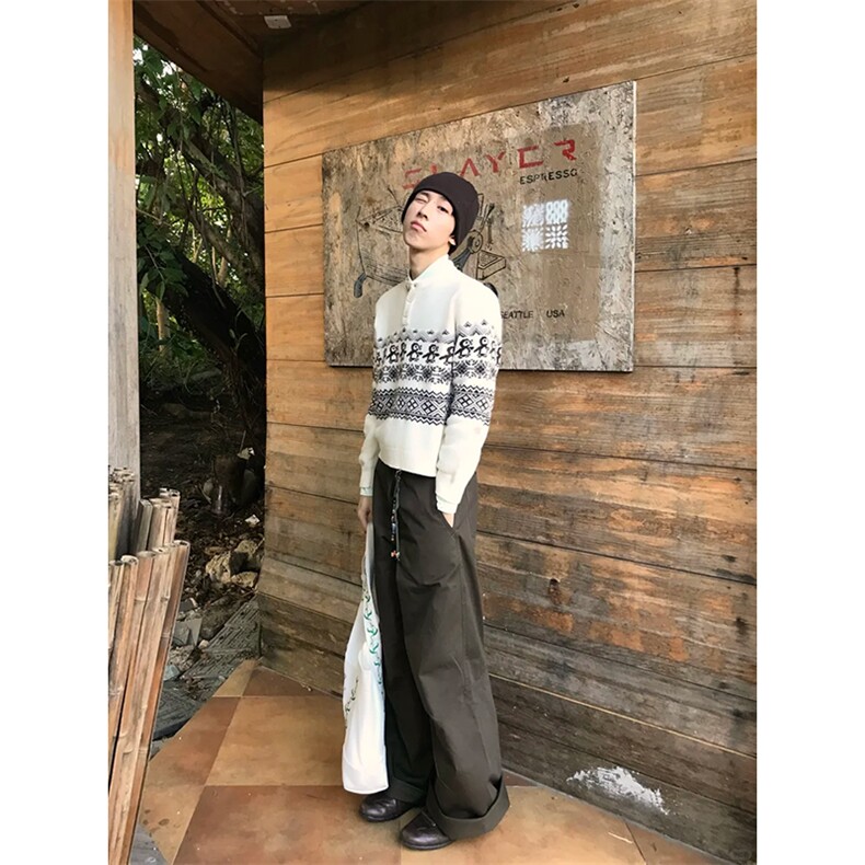 重磅秋冬装北极绒套头毛衣美式复古休闲慵懒风提花工艺针织衫外套图片