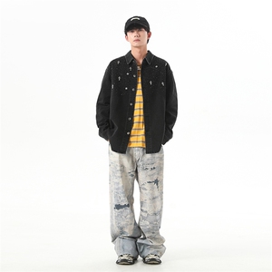 复古重工镶砖牛仔外套男高街宽松水洗衬衫长袖翻领上衣JK1086-P90图片