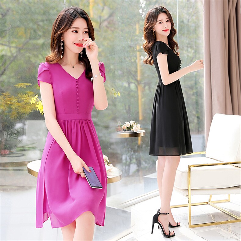 纯色V领中腰2021年夏季时尚潮流气质简约休闲短袖中裙，女装连衣裙，魅丽静蓝