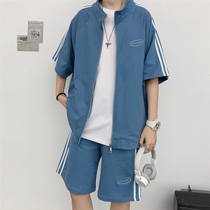 三杠开衫上衣男生帅气bf五分袖短袖t恤休闲短裤运动套装 T074-P50图片
