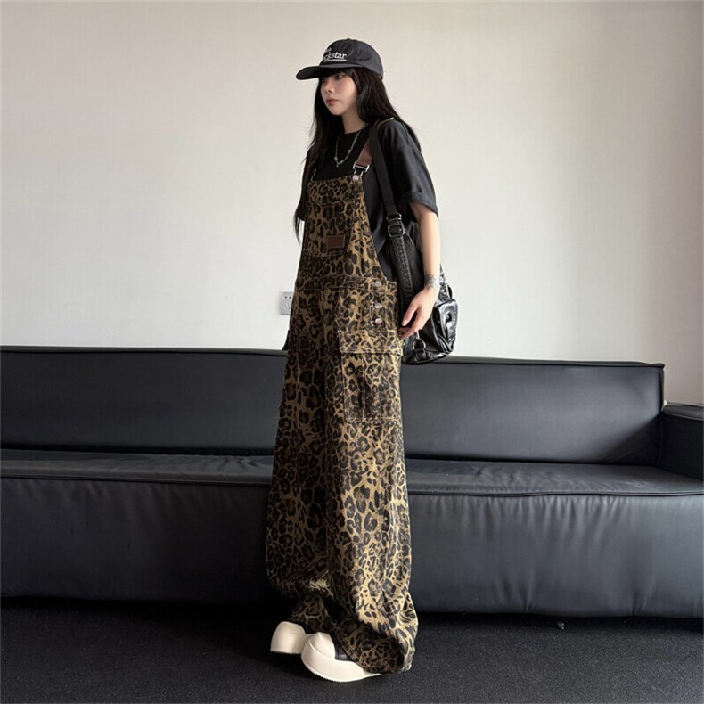 美式复古豹纹背带裤春季新款休闲时尚设计感直筒裤,男装牛仔裤,星座410-6（原星座1304-1）