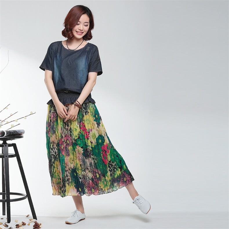 时尚印花长裙女夏新款宽松显瘦百搭雪纺半身裙高腰大摆裙，女装连衣裙，丽影随形