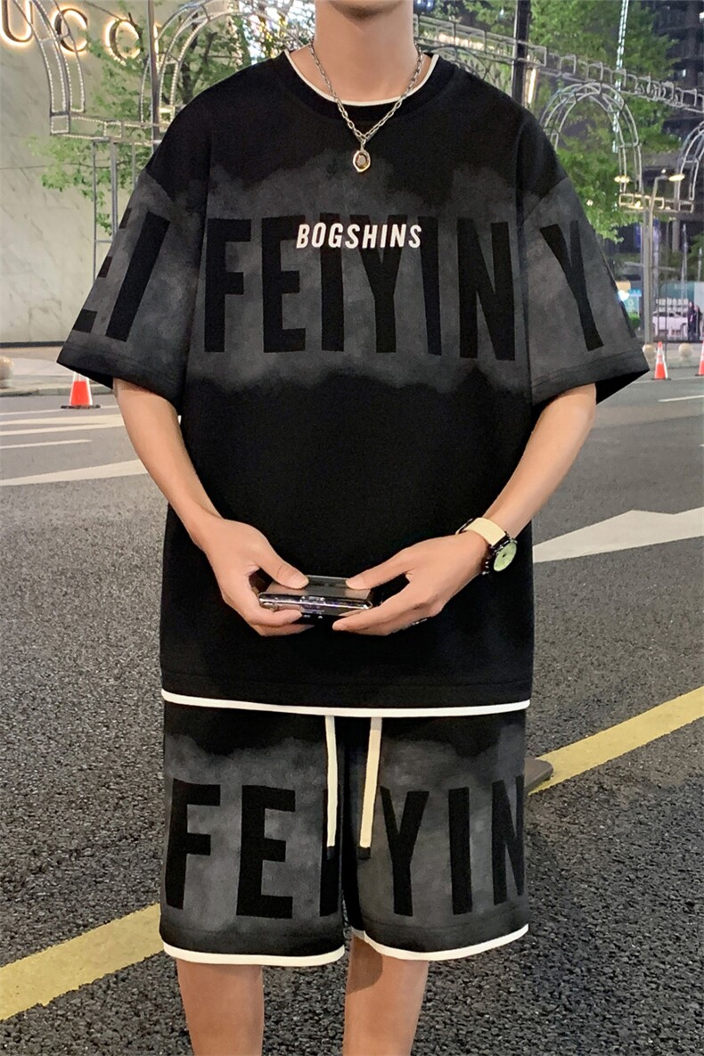 特P48无差价2025夏季新款假两件字母印花拼色五分裤套装男TZ611,男装休闲套装,电商C305A