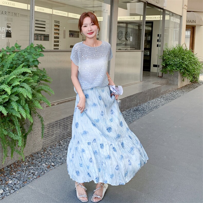 韩系小清新气质温柔风亮片镂空衫收腰碎花半身裙,女装套装/套裙,2C159