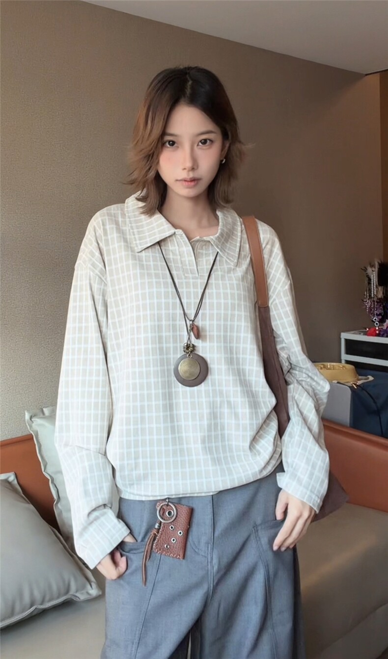 图POLO领德绒设计感格子冬季打底衫男女长袖T恤P38,男装T恤,电商C306-1