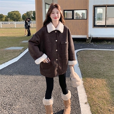 咖色美拉德皮毛一体外套女秋冬2025新款韩版宽松加绒加厚翻领棉服，女装短外套，2C153