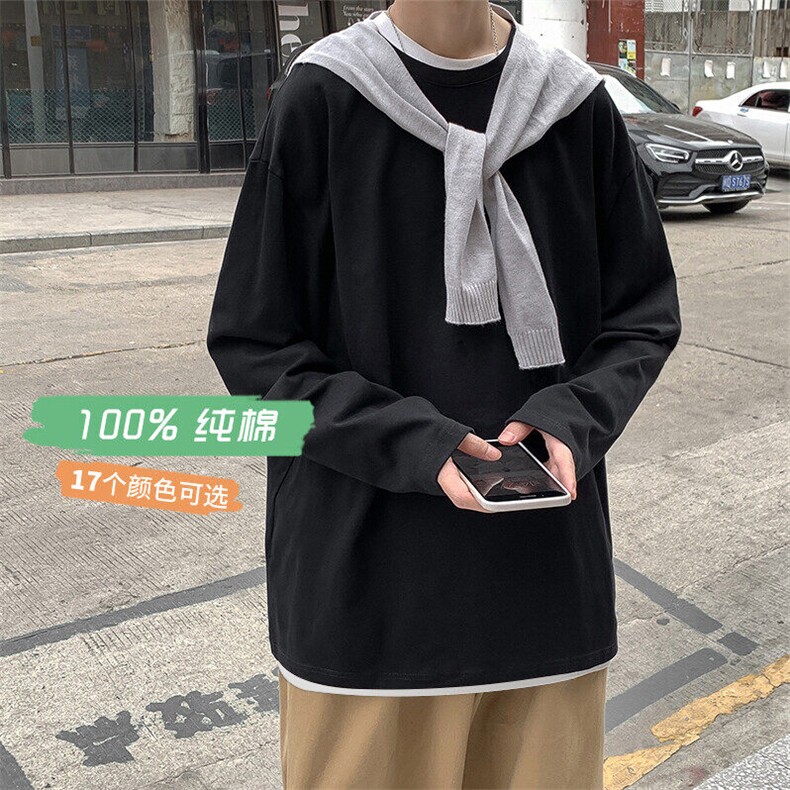 春季可二开纯色长T DS837-TP17 港风宽松大码T恤男圆领叠穿打底衫图片