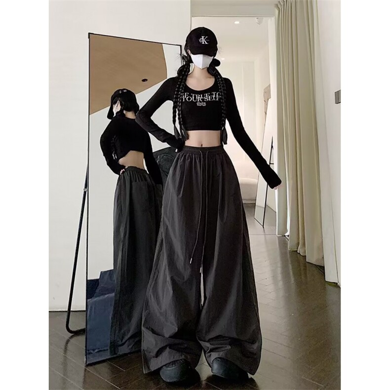 美式速干阔腿裤女2026秋季宽松休闲裤垂感红色运动裤K6646-P49，女装休闲裤，星座412-3