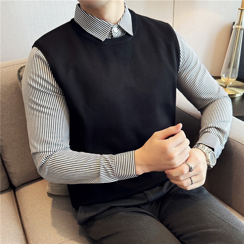 保暖加厚加绒条纹衬衫领拼接毛衣男商务假两件针织衫JR6805-P98,男装针织衫/毛衣,电商A213