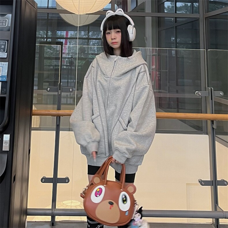 抖音得物高品质秋冬美式高街重磅结构辑明线纹理连帽卫衣外套W111图片