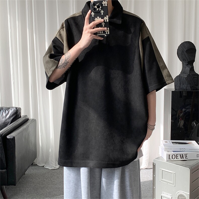 A177-T515夏季新款麂皮绒拼接男生短袖POLO衫94%聚酯纤维6%氨纶,男装Polo衫,电商A177