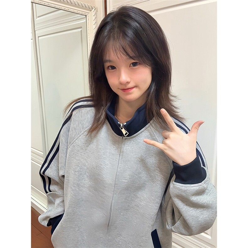 抖音得物高品质美式高街重磅结构设计拼接织带立领卫衣外套CM42，女装短外套，电商A486-1