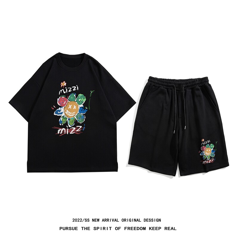 白底23新款夏季时尚百搭印花短袖潮流垂感短裤套装TZ65P50控68图片