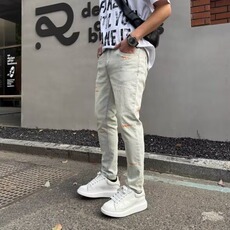 做旧水洗破洞男士牛仔裤春夏季潮韩版涂鸦百搭青年修身小脚九分裤，男装牛仔裤，星座1210-1