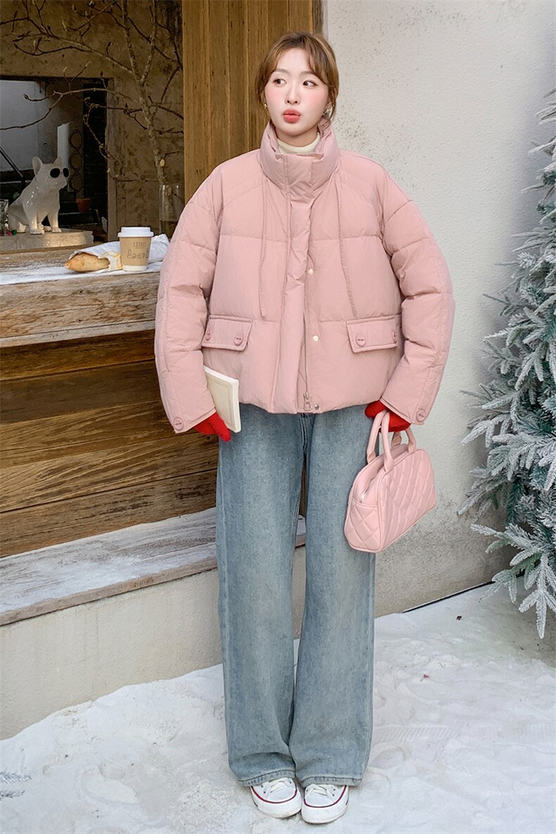 韩版粉色短款立领羽绒服女2025年冬季新款显瘦加厚保暖白鸭绒外套,女装羽绒服,2C236