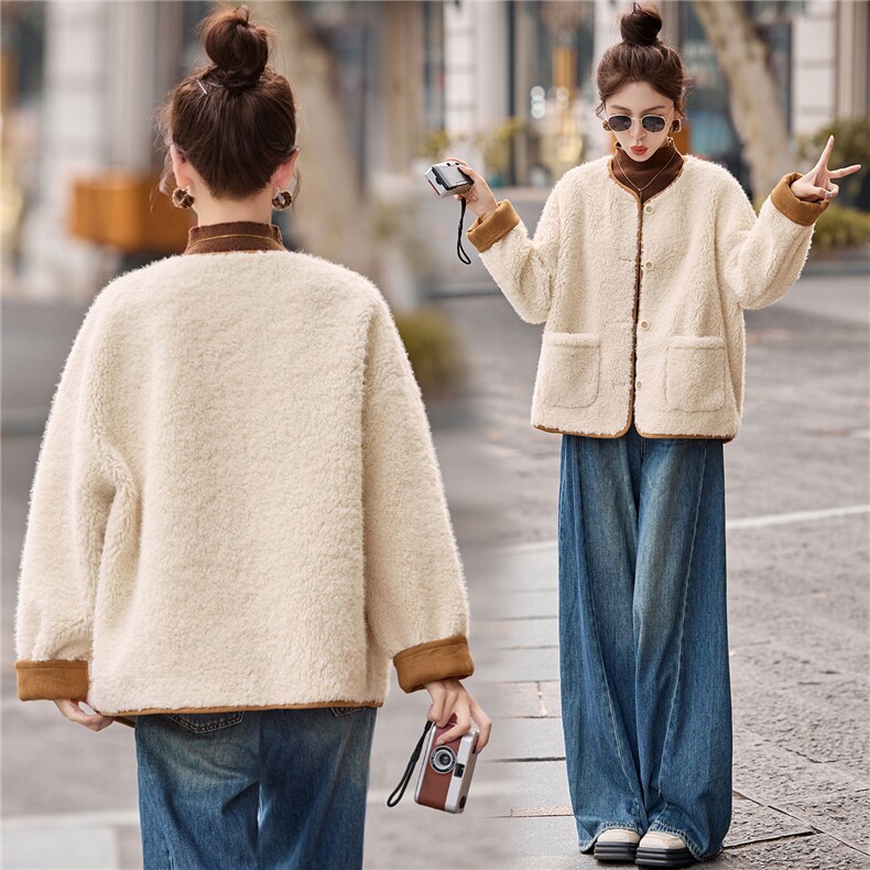 羊羔毛外套女2025秋冬新款巨好看的韩系小香风宽松短款厚皮毛一体,女装毛呢外套,盈茜