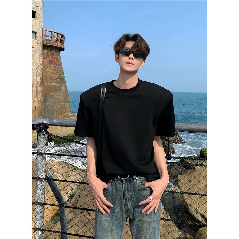 网图高品质260G圆领垫肩短袖T恤可二开有大码DJ901-P22黑,男装T恤,电商C310-1
