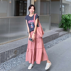 韩版甜美减龄印花背心T恤套装女2025夏季新款显瘦半身长裙两件套，女装套装/套裙，2C203