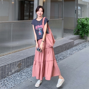韩版甜美减龄印花背心T恤套装女2025夏季新款显瘦半身长裙两件套图片