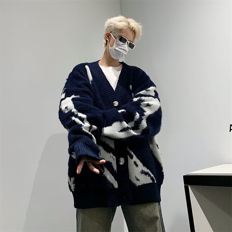 美式植绒开衫毛衣针织衫男秋装宽松高街嘻哈外套V领MZ040-P52图片