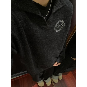 复古运动学院风毛衣男女春秋季宽松慵懒翻领针织衫外套 M892图片