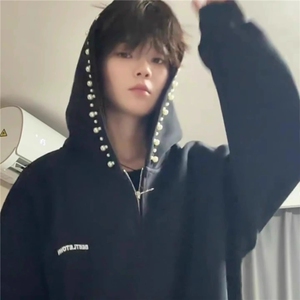 潮牌珍珠连帽开衫卫衣男春秋慵懒风美式高街青少年外套图片