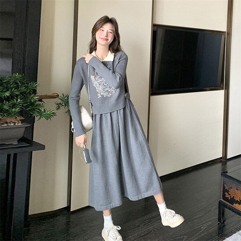 灰色花朵图案毛衣套装裙两件套宽松显瘦针织衫6155P135K198,女装连衣裙,维壹