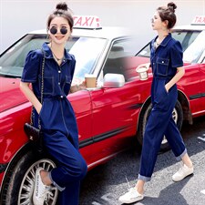 2024夏季新款简约时尚个性气质翻领抽绳收腰显瘦牛仔连体长裤，女装连体裤，瑶迪依秀