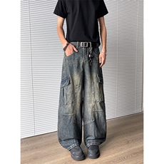 潮牌重磅多口袋弯刀牛仔裤男女炸街做旧水洗阔腿工装裤N07621-P63，男装牛仔裤，星座308B-1