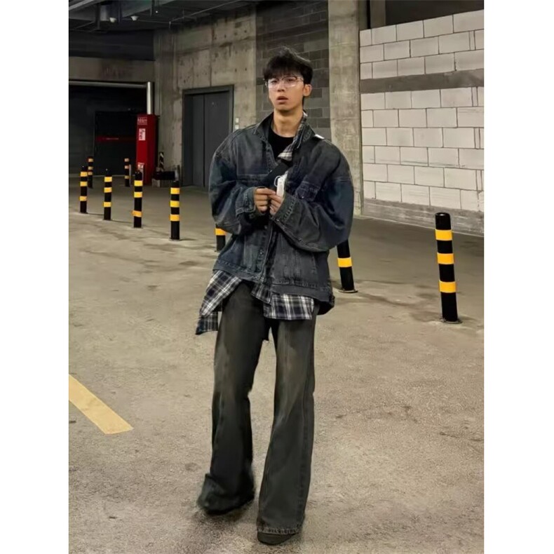 得物二开设计感格子不规则拼接假两件牛仔外套男夹克JK1279-P65，男装工装外套，星座1103-3