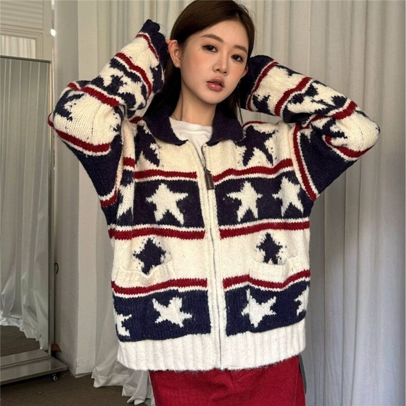 PENDLETON厚粗冬男装翻领纯羔羊毛织花复古长袖针织拉链外套上衣,女装短外套,星座506A