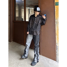 B221美式ins高街小众情侣个性款拼接微喇牛仔裤LK23095-P65控88，男装牛仔裤，电商B221