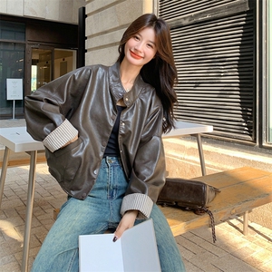 咖色皮衣短外套女春秋2025新款复古立领机车服休闲夹克上衣1391图片